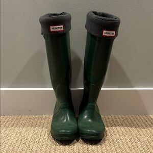 Hunter Forest Green Rain Boots with Charcoal fleece liners.